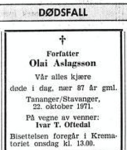 1971.10.25 - Aftenbladet - Dødsannonse Olai Aslagsson